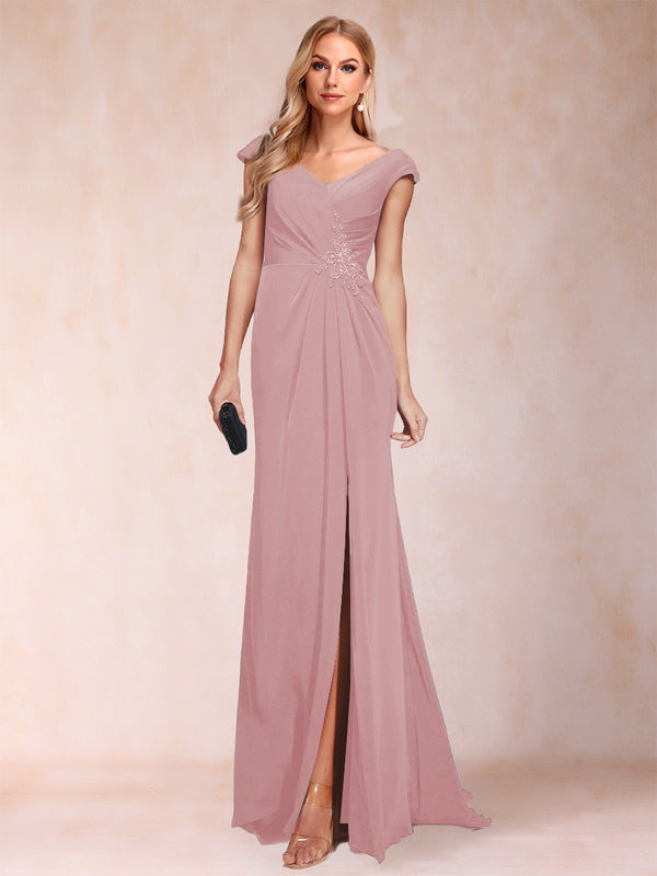 Sheath/Column V-Neck Ruched Mother of the Bride Dresses with Appliques & Split Side
