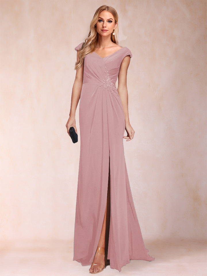 Sheath/Column V-Neck Ruched Mother of the Bride Dresses with Appliques &amp; Split Side