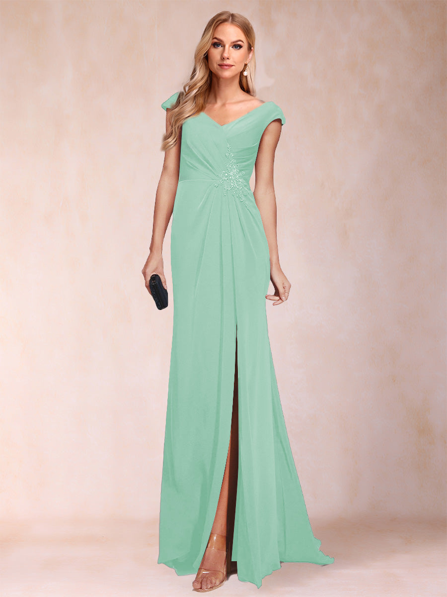 Sheath/Column V-Neck Ruched Mother of the Bride Dresses with Appliques &amp; Split Side