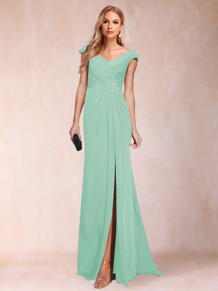 Sheath/Column V-Neck Ruched Mother of the Bride Dresses with Appliques &amp; Split Side