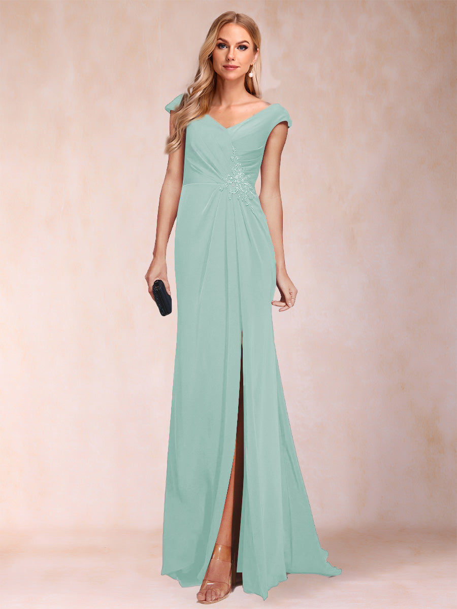Sheath/Column V-Neck Ruched Mother of the Bride Dresses with Appliques &amp; Split Side