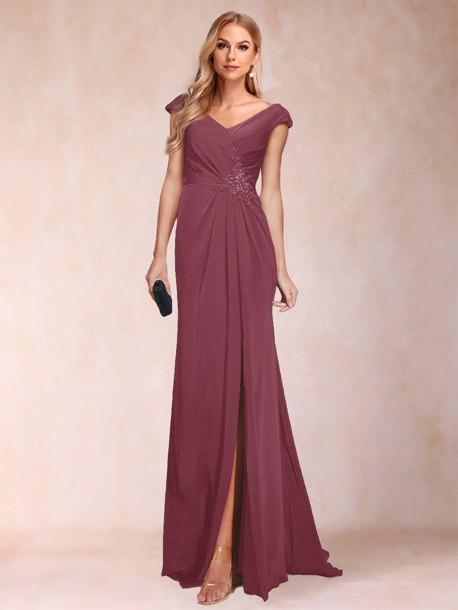 Sheath/Column V-Neck Ruched Mother of the Bride Dresses with Appliques &amp; Split Side