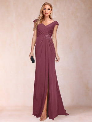 Sheath/Column V-Neck Ruched Mother of the Bride Dresses with Appliques & Split Side