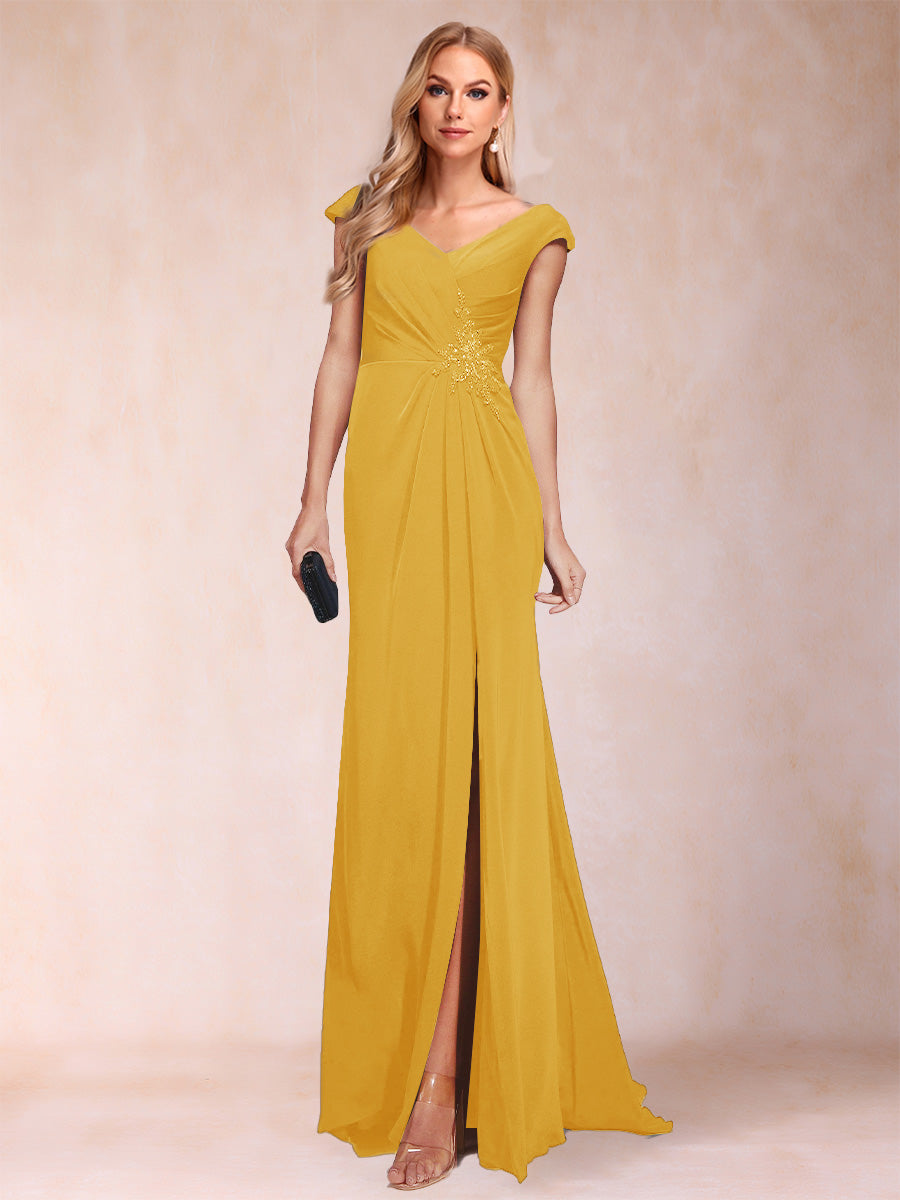 Sheath/Column V-Neck Ruched Mother of the Bride Dresses with Appliques &amp; Split Side