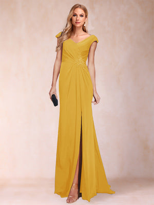 Sheath/Column V-Neck Ruched Mother of the Bride Dresses with Appliques & Split Side