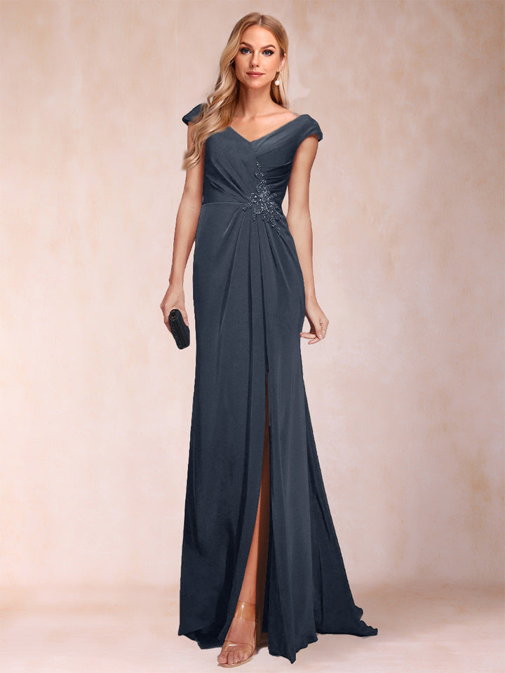 Sheath/Column V-Neck Ruched Mother of the Bride Dresses with Appliques &amp; Split Side
