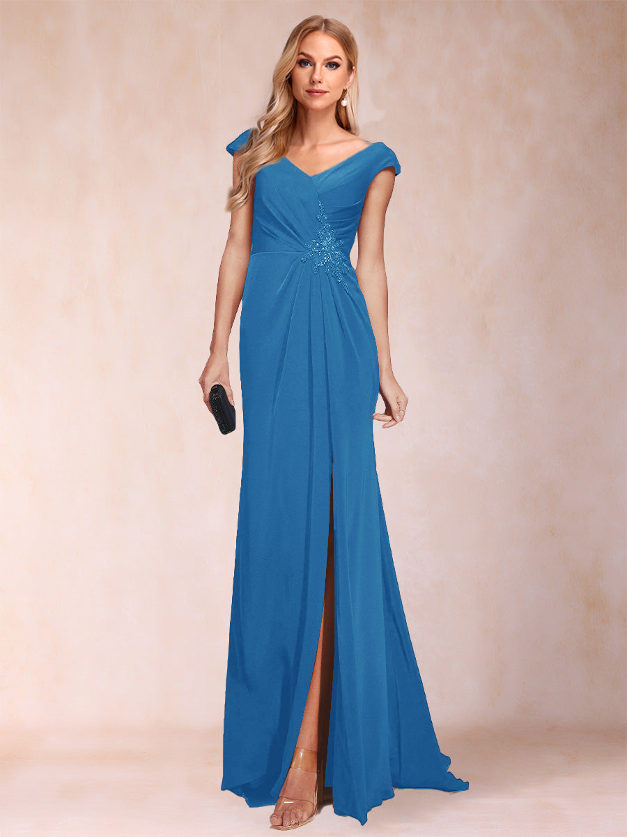 Sheath/Column V-Neck Ruched Mother of the Bride Dresses with Appliques &amp; Split Side