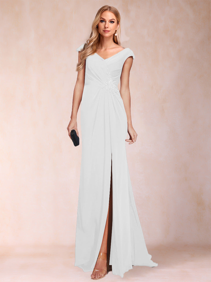 Sheath/Column V-Neck Ruched Mother of the Bride Dresses with Appliques &amp; Split Side