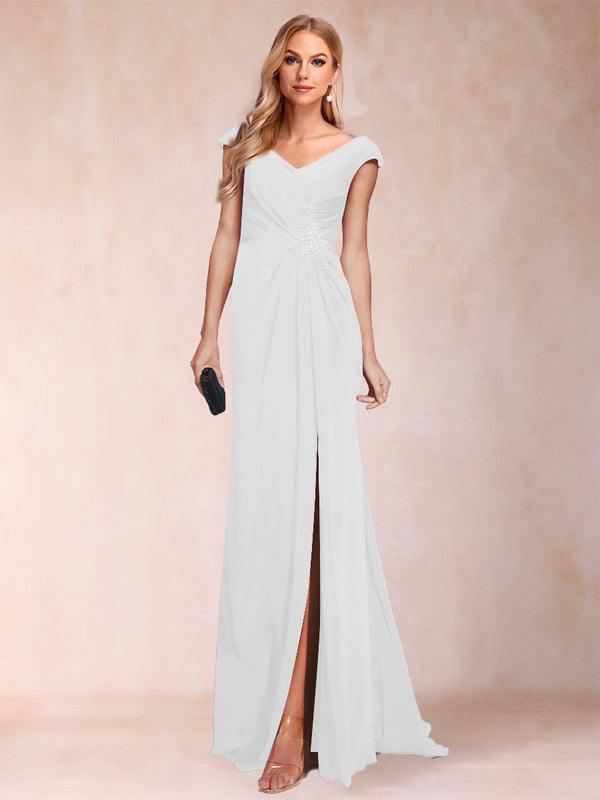 Sheath/Column V-Neck Ruched Mother of the Bride Dresses with Appliques & Split Side