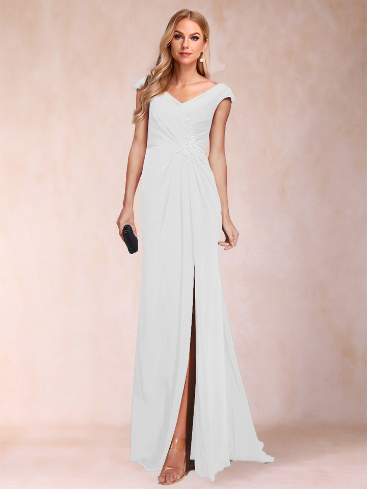 Sheath/Column V-Neck Ruched Mother of the Bride Dresses with Appliques &amp; Split Side