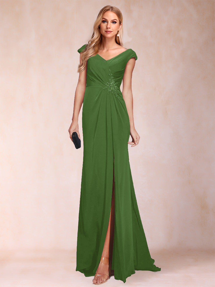 Sheath/Column V-Neck Ruched Mother of the Bride Dresses with Appliques &amp; Split Side