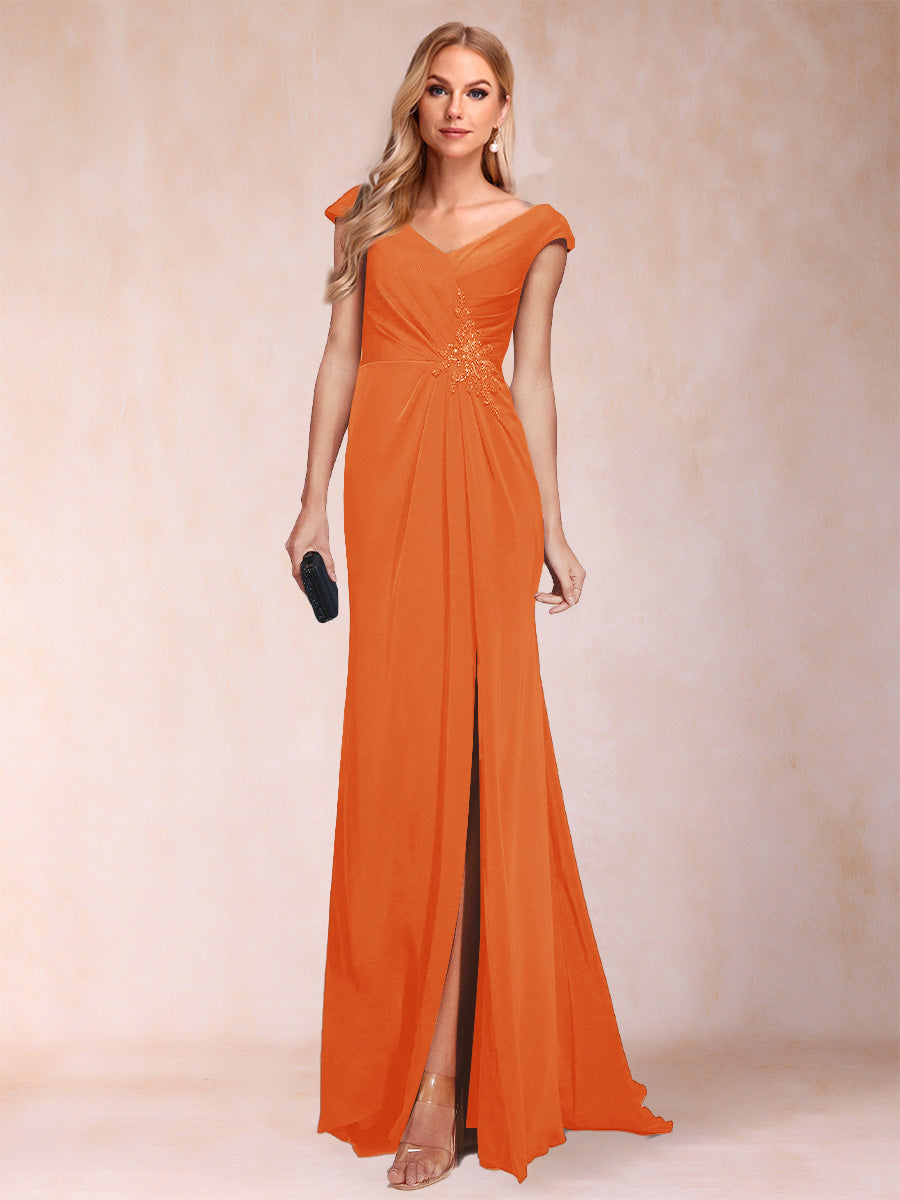 Sheath/Column V-Neck Ruched Mother of the Bride Dresses with Appliques &amp; Split Side