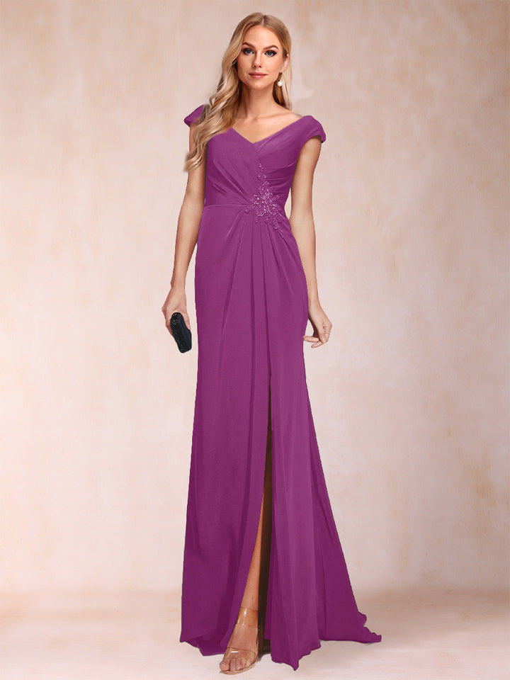 Sheath/Column V-Neck Ruched Mother of the Bride Dresses with Appliques &amp; Split Side