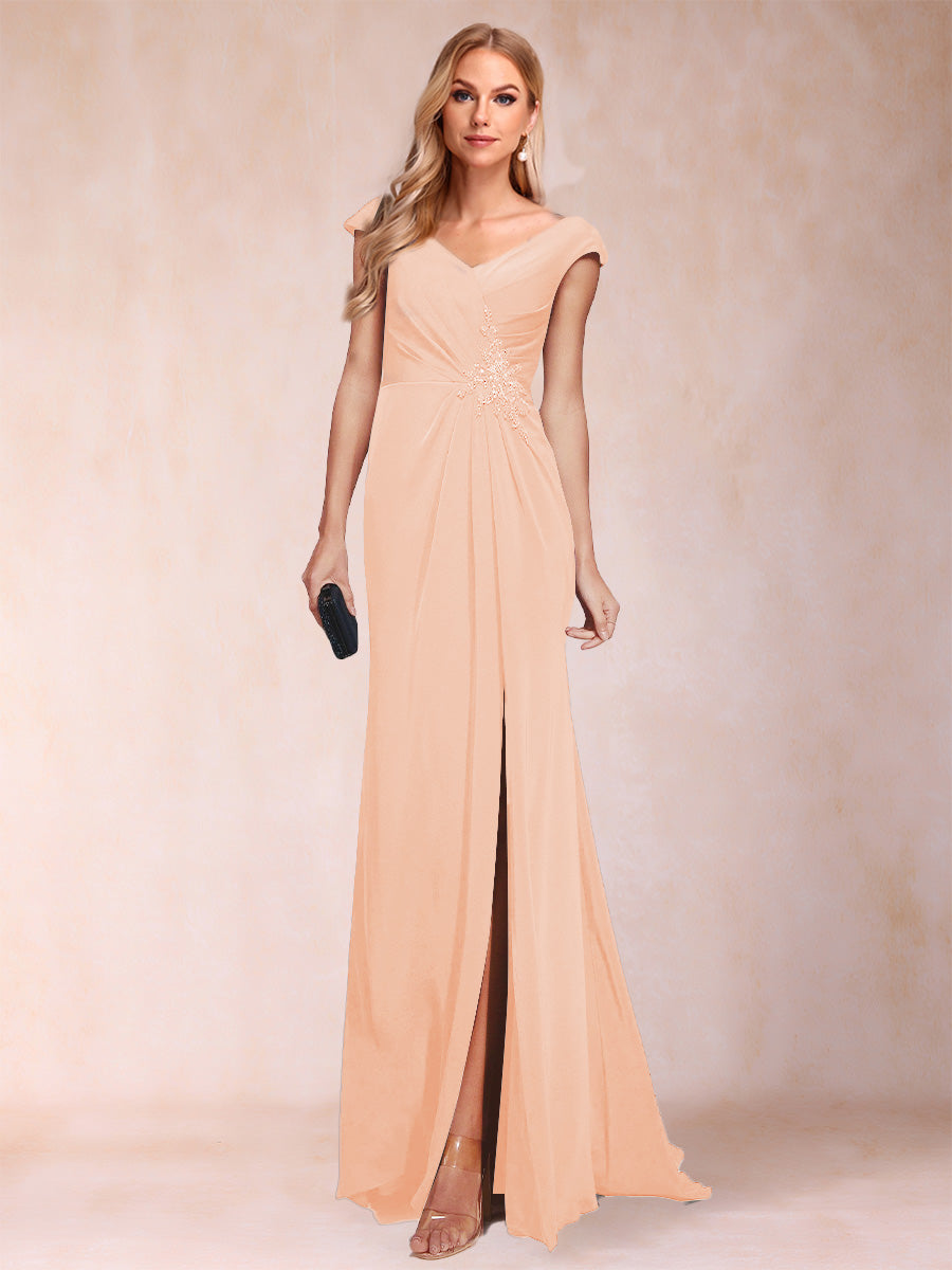 Sheath/Column V-Neck Ruched Mother of the Bride Dresses with Appliques &amp; Split Side