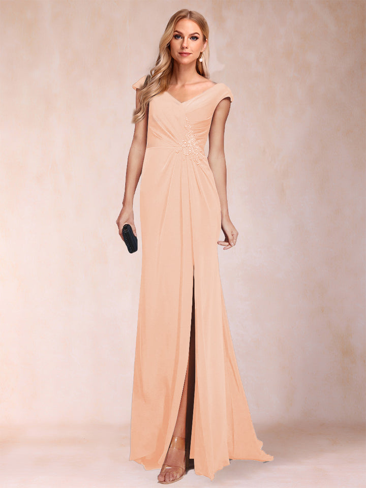 Sheath/Column V-Neck Ruched Mother of the Bride Dresses with Appliques &amp; Split Side