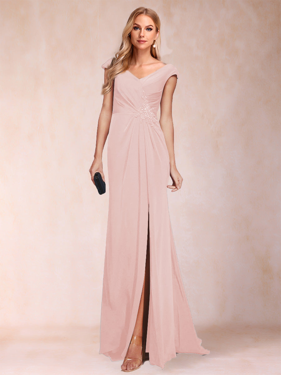 Sheath/Column V-Neck Ruched Mother of the Bride Dresses with Appliques &amp; Split Side