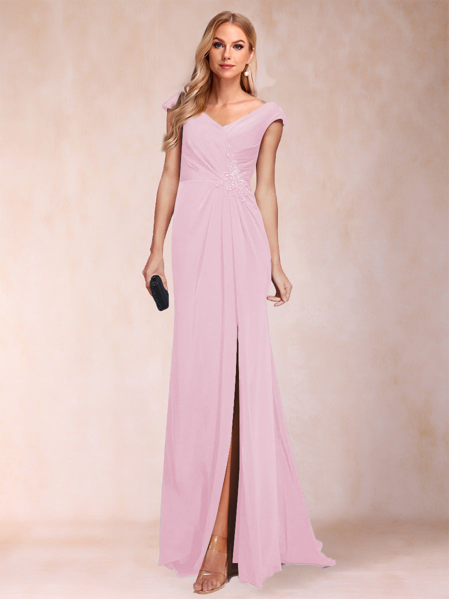 Sheath/Column V-Neck Ruched Mother of the Bride Dresses with Appliques &amp; Split Side