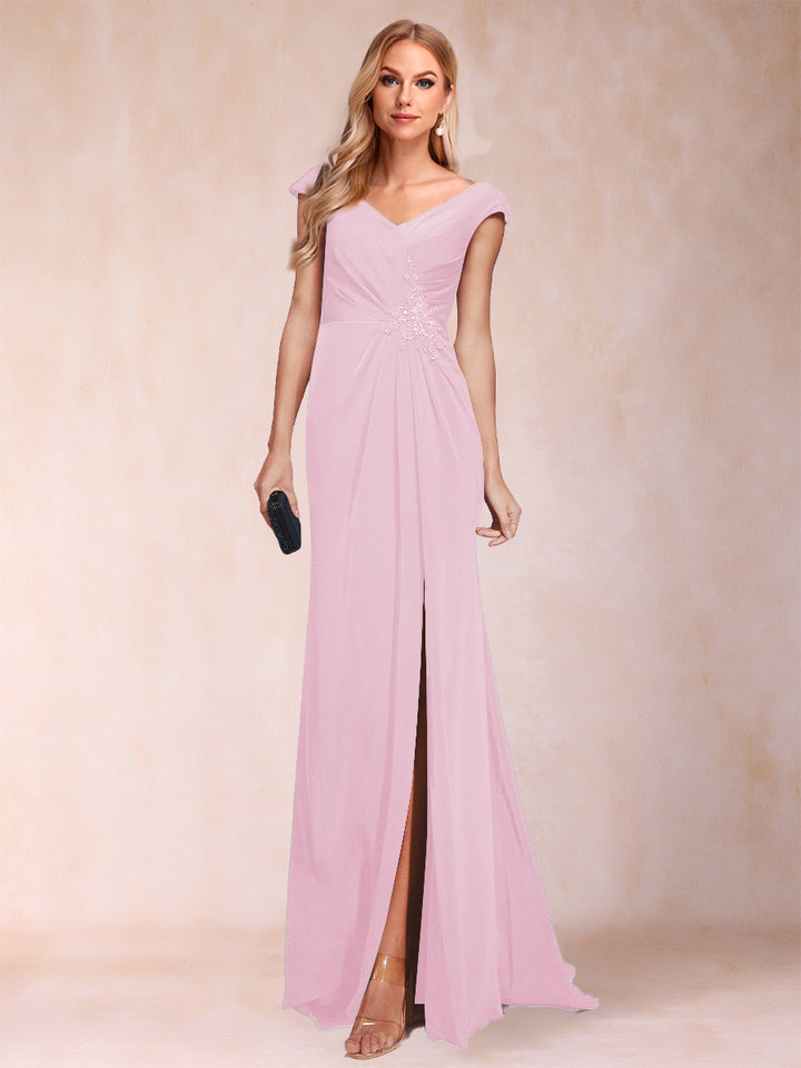 Sheath/Column V-Neck Ruched Mother of the Bride Dresses with Appliques &amp; Split Side