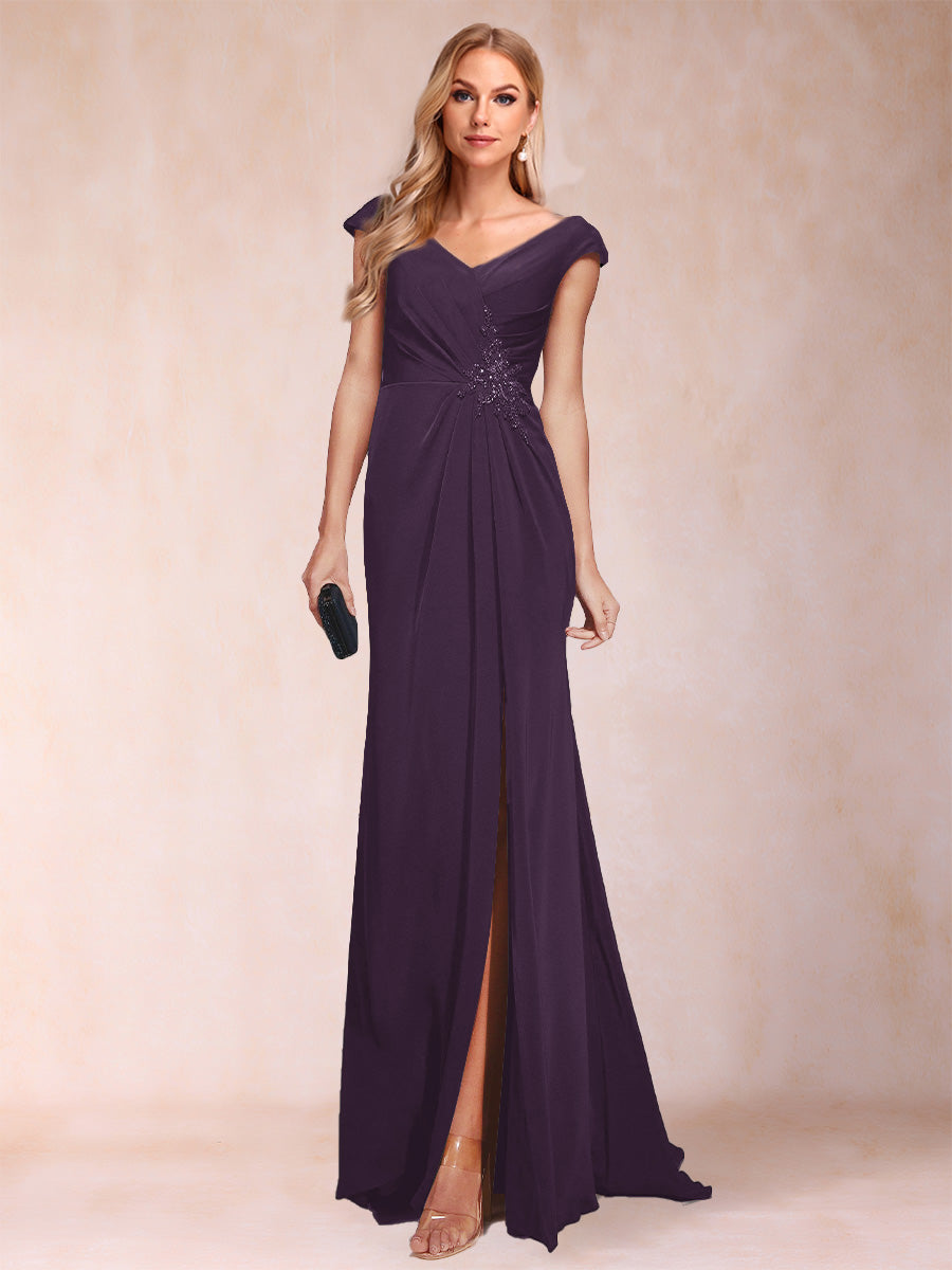 Sheath/Column V-Neck Ruched Mother of the Bride Dresses with Appliques &amp; Split Side