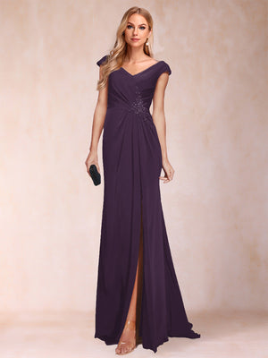 Sheath/Column V-Neck Ruched Mother of the Bride Dresses with Appliques & Split Side