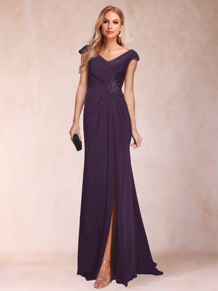 Sheath/Column V-Neck Ruched Mother of the Bride Dresses with Appliques &amp; Split Side