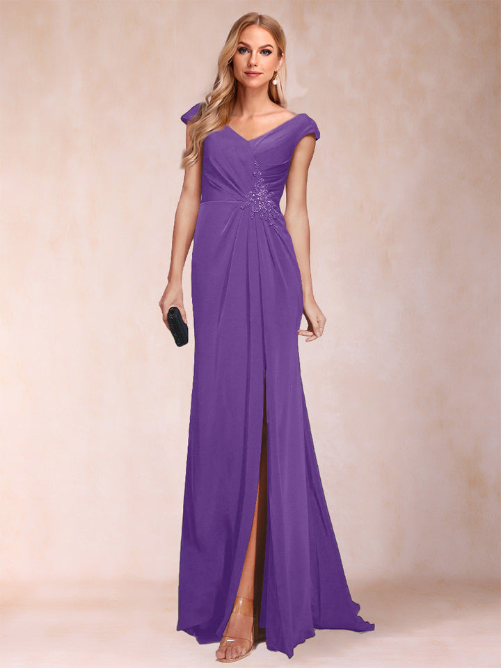 Sheath/Column V-Neck Ruched Mother of the Bride Dresses with Appliques &amp; Split Side