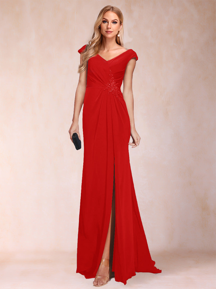 Sheath/Column V-Neck Ruched Mother of the Bride Dresses with Appliques &amp; Split Side
