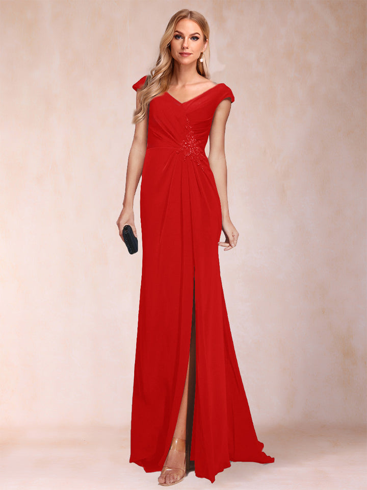 Sheath/Column V-Neck Ruched Mother of the Bride Dresses with Appliques &amp; Split Side
