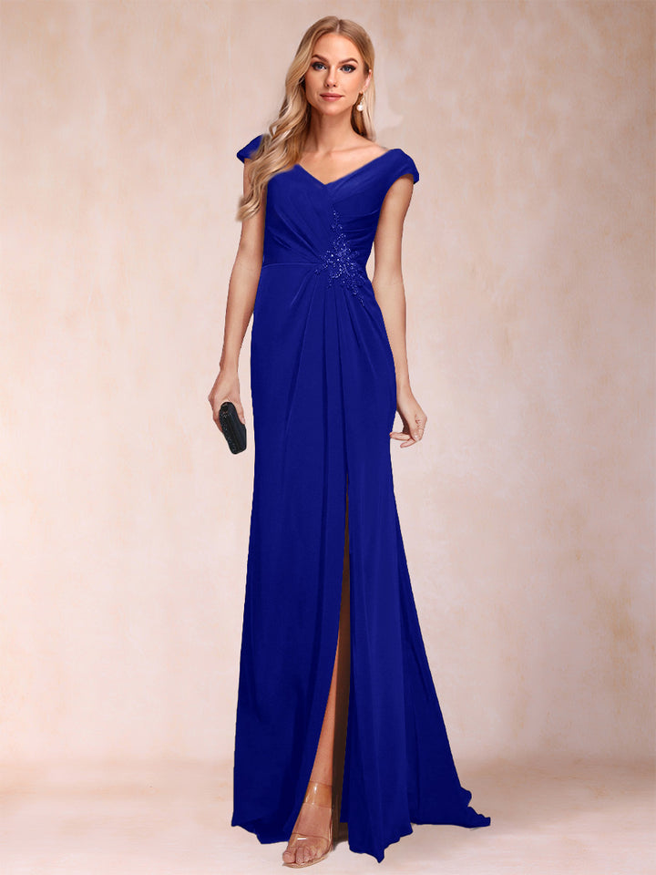 Sheath/Column V-Neck Ruched Mother of the Bride Dresses with Appliques &amp; Split Side