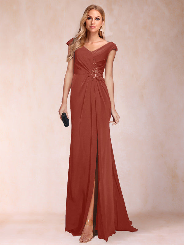 Sheath/Column V-Neck Ruched Mother of the Bride Dresses with Appliques & Split Side