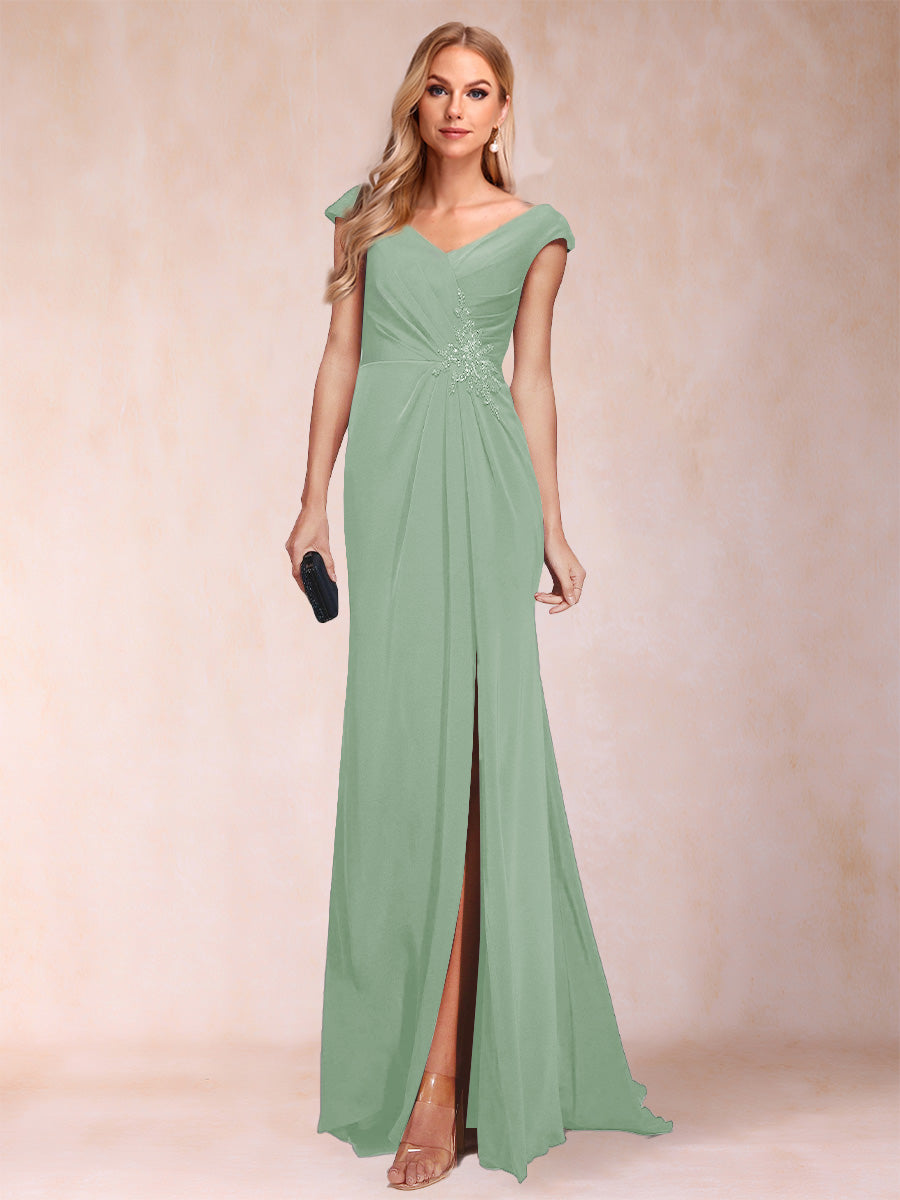 Sheath/Column V-Neck Ruched Mother of the Bride Dresses with Appliques &amp; Split Side