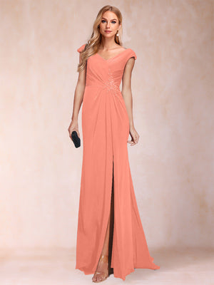 Sheath/Column V-Neck Ruched Mother of the Bride Dresses with Appliques & Split Side