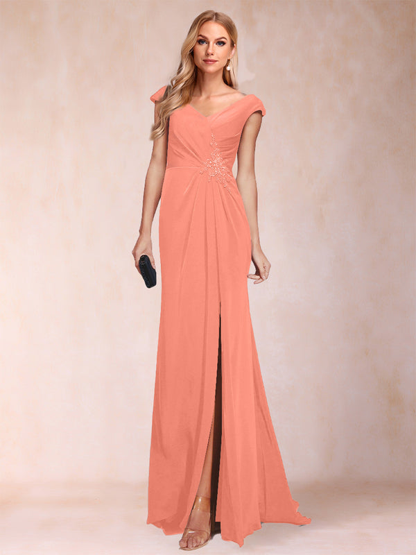Sheath/Column V-Neck Ruched Mother of the Bride Dresses with Appliques & Split Side