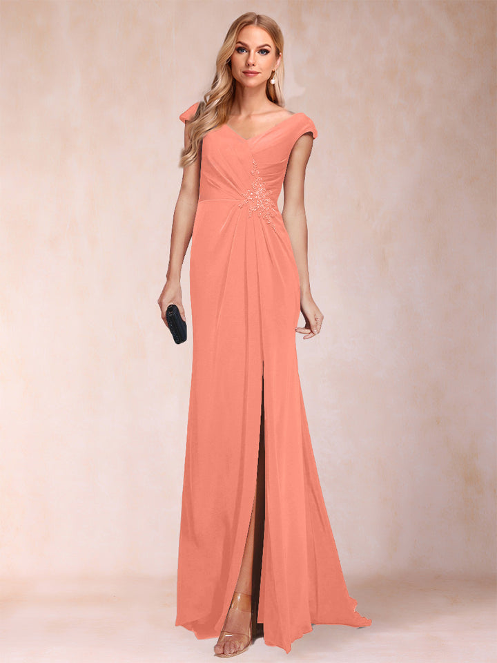Sheath/Column V-Neck Ruched Mother of the Bride Dresses with Appliques &amp; Split Side