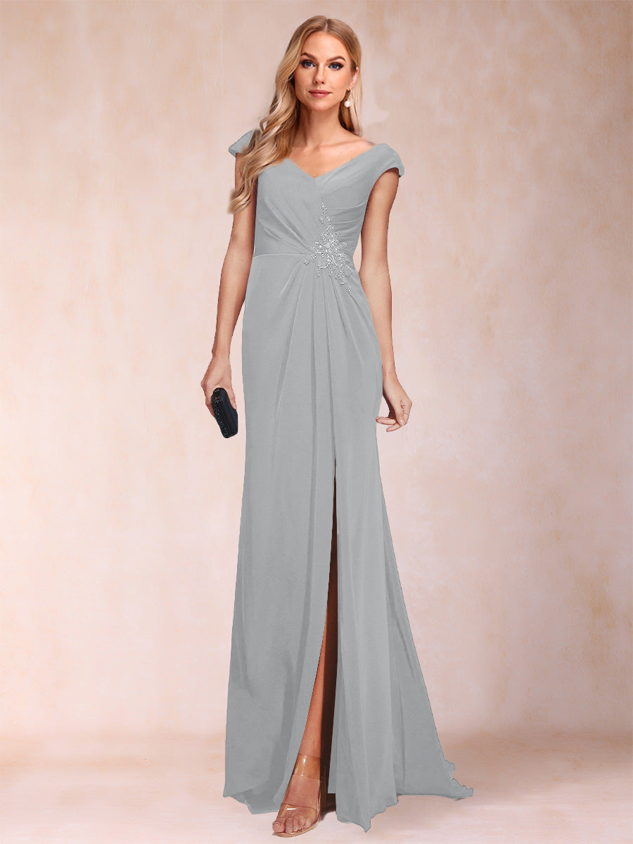 Sheath/Column V-Neck Ruched Mother of the Bride Dresses with Appliques &amp; Split Side