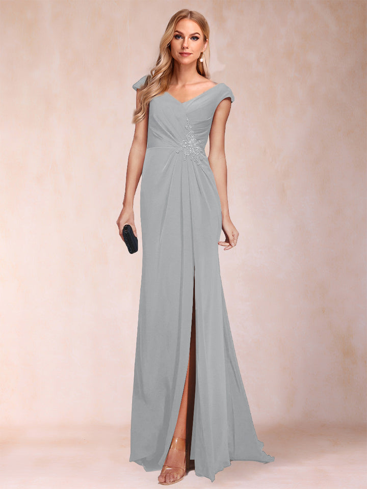 Sheath/Column V-Neck Ruched Mother of the Bride Dresses with Appliques &amp; Split Side