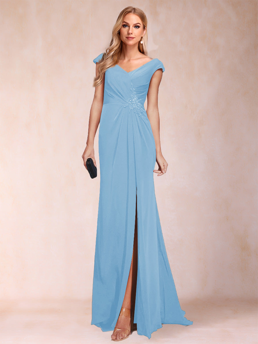 Sheath/Column V-Neck Ruched Mother of the Bride Dresses with Appliques &amp; Split Side
