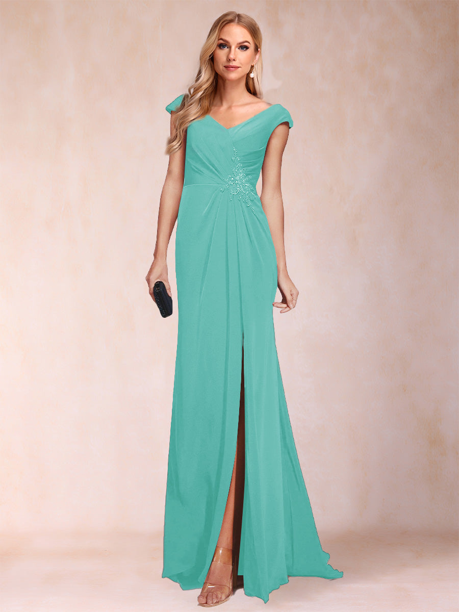 Sheath/Column V-Neck Ruched Mother of the Bride Dresses with Appliques &amp; Split Side