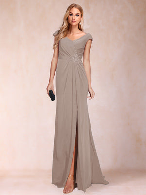 Sheath/Column V-Neck Ruched Mother of the Bride Dresses with Appliques & Split Side