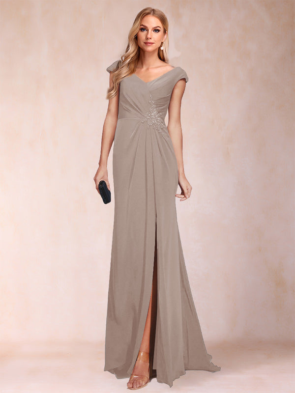 Sheath/Column V-Neck Ruched Mother of the Bride Dresses with Appliques & Split Side