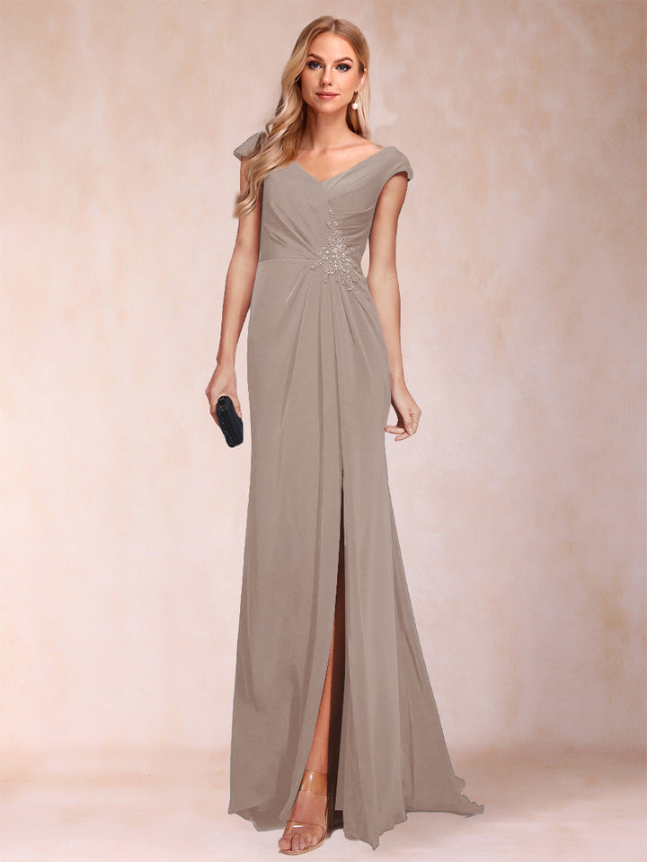 Sheath/Column V-Neck Ruched Mother of the Bride Dresses with Appliques &amp; Split Side