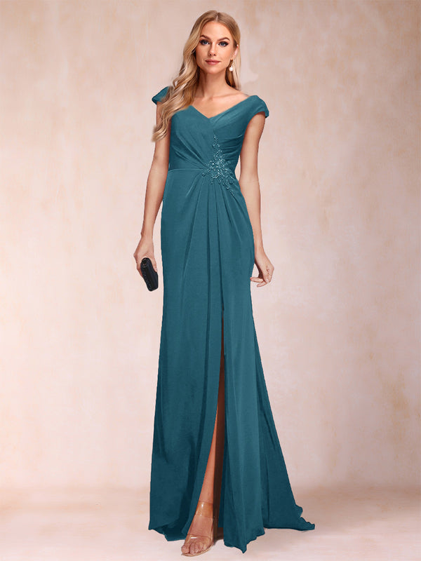 Sheath/Column V-Neck Ruched Mother of the Bride Dresses with Appliques & Split Side