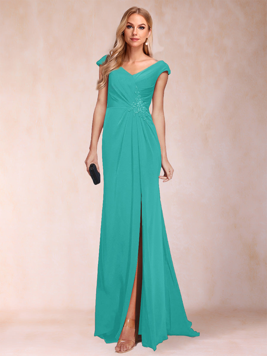 Sheath/Column V-Neck Ruched Mother of the Bride Dresses with Appliques &amp; Split Side