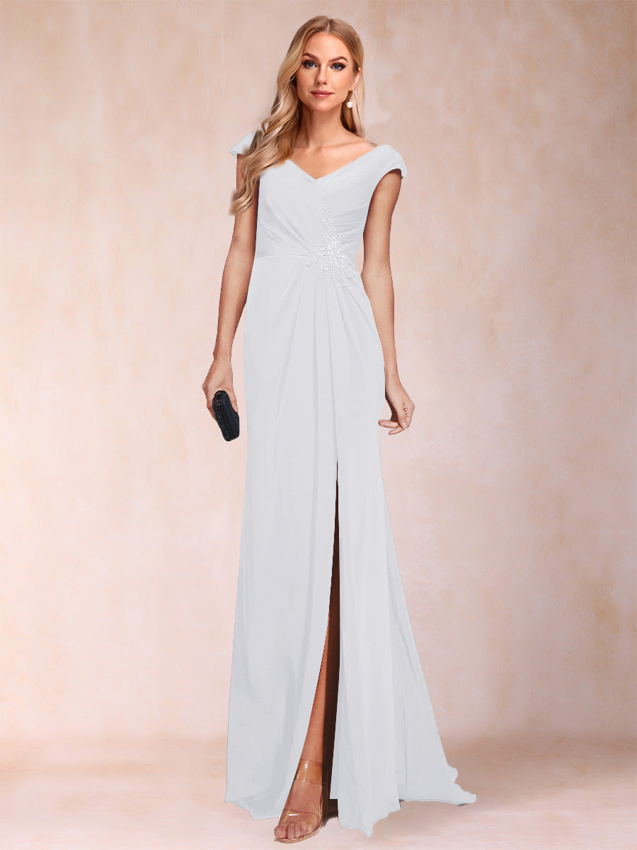 Sheath/Column V-Neck Ruched Mother of the Bride Dresses with Appliques &amp; Split Side