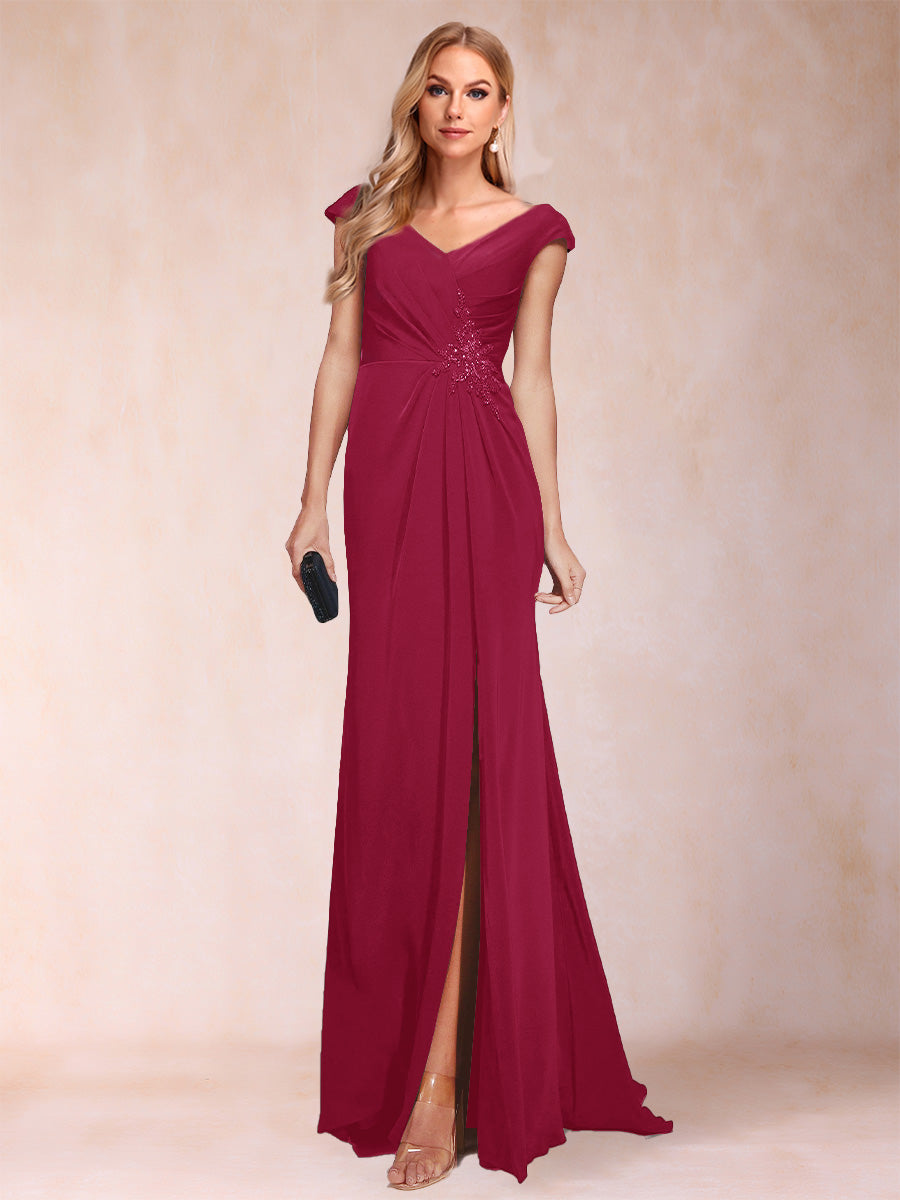 Sheath/Column V-Neck Ruched Mother of the Bride Dresses with Appliques &amp; Split Side