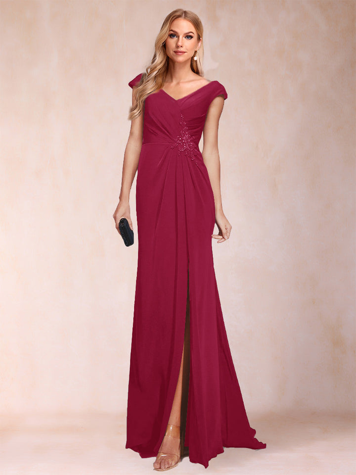 Sheath/Column V-Neck Ruched Mother of the Bride Dresses with Appliques &amp; Split Side