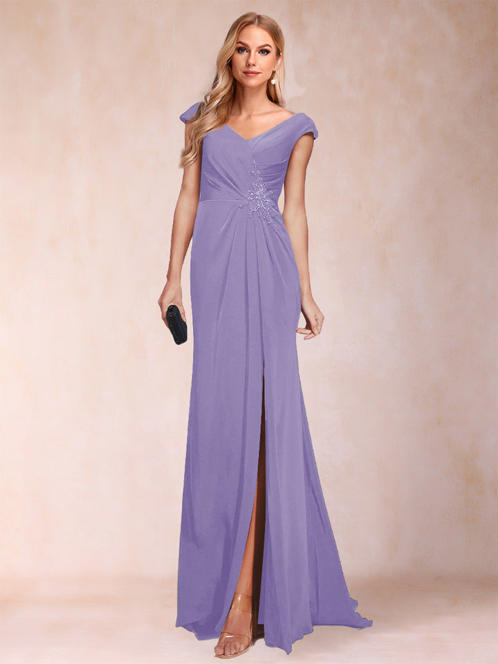Sheath/Column V-Neck Ruched Mother of the Bride Dresses with Appliques &amp; Split Side