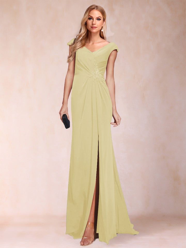 Sheath/Column V-Neck Ruched Mother of the Bride Dresses with Appliques &amp; Split Side