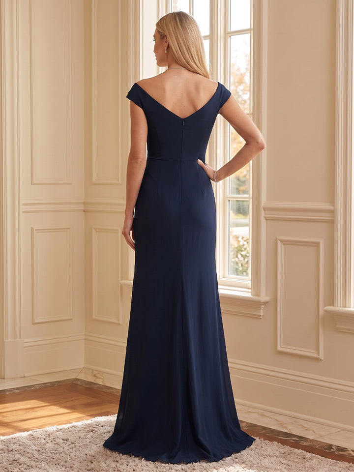 Sheath/Column V-Neck Cap Sleeves Satin Floor-Length Mother of the Bride Dresses with Applique