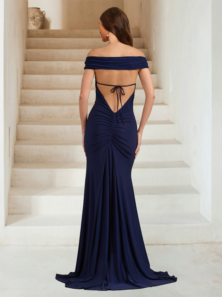 Trumpet/Mermaid Off-the-Shoulder Ruched Evening Dresses with Side Slit &amp; Ruffles
